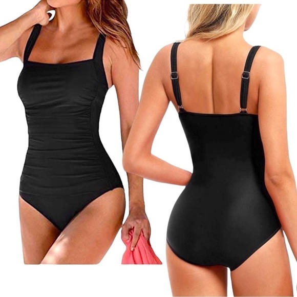 Slimming Dark Goth Black One Piece Tummy Control Swimwear Wide Straps Si… - Picture 1 of 10